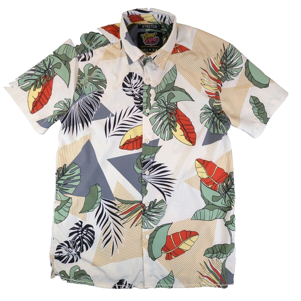 Good Vibes Shirt Mens Small Stretch Button Down All Over Print Tropical Beach